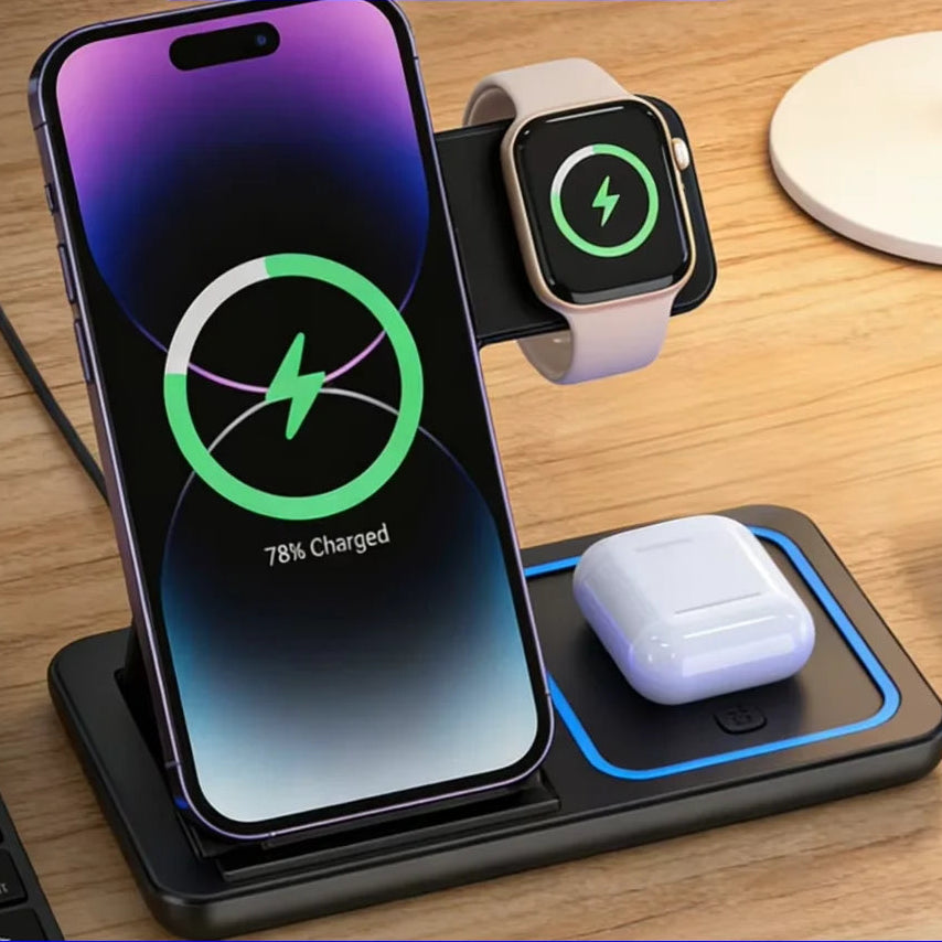 Foldable 3-in-1 Wireless Charging Station for iPhone, Apple Watch & AirPods