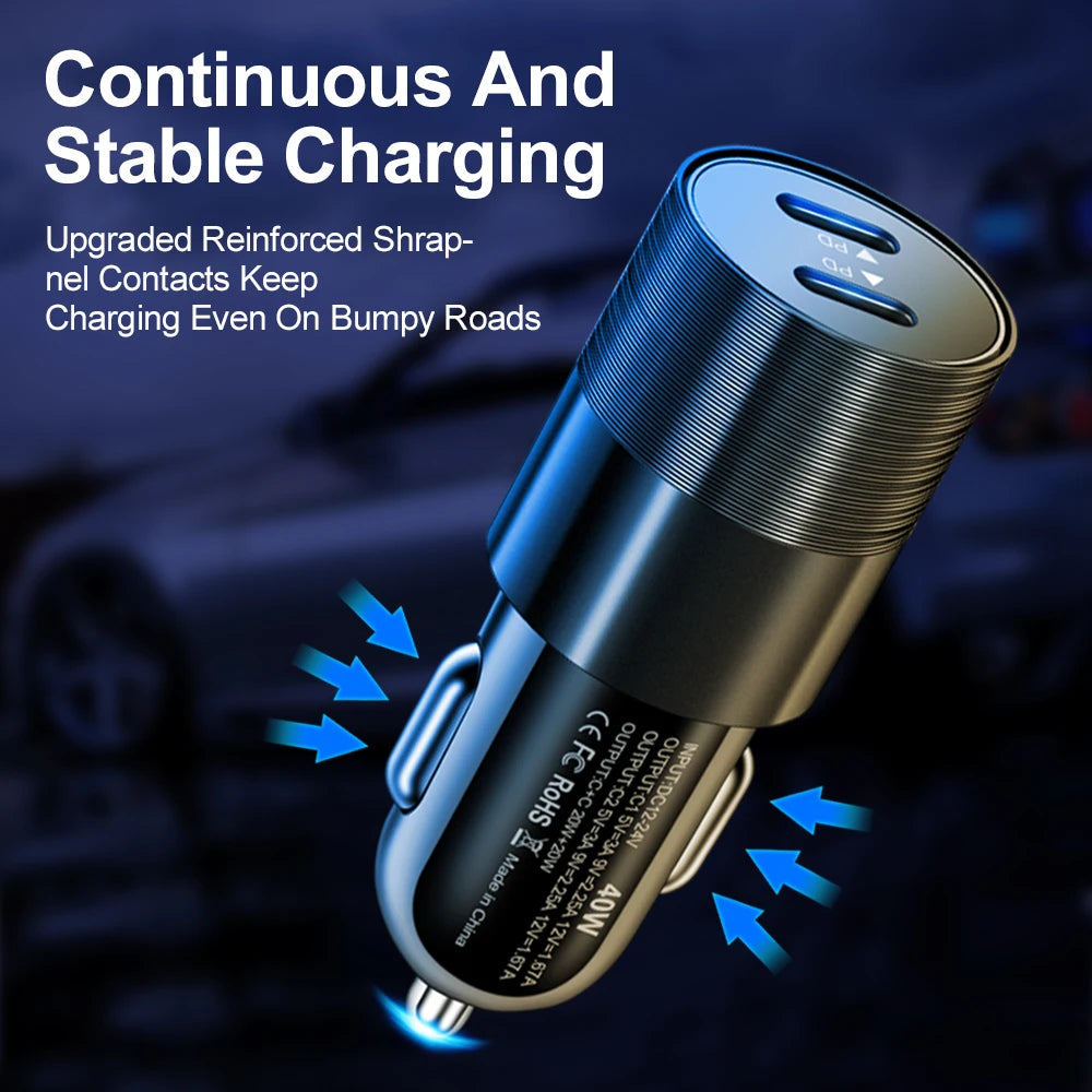 40W USB-C PD Car Charger – Dual Fast Charging Adapter
