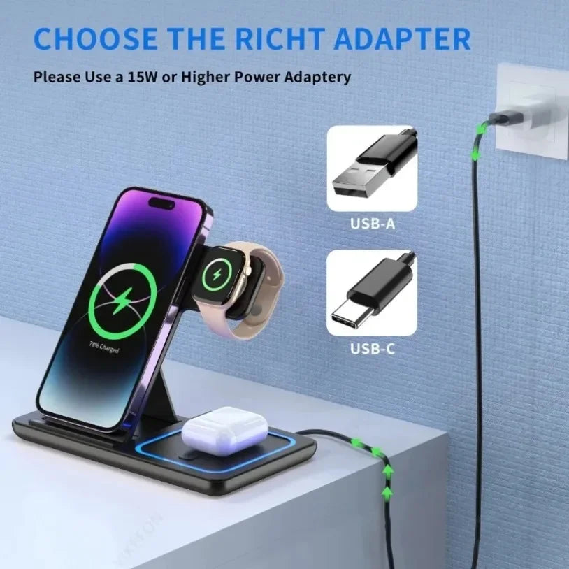Foldable 3-in-1 Wireless Charging Station for iPhone, Apple Watch & AirPods