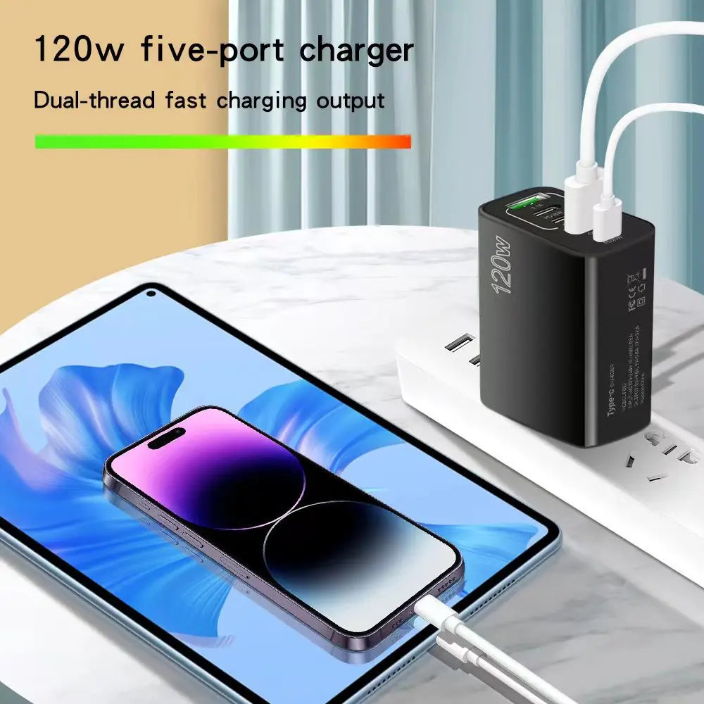5-Port USB Charging Hub – USB-C & USB-A Fast Charger