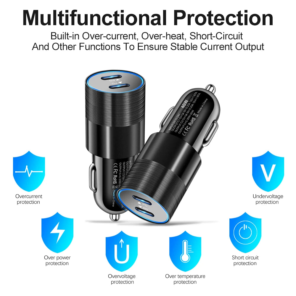 40W USB-C PD Car Charger – Dual Fast Charging Adapter