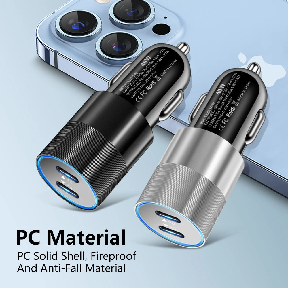 40W USB-C PD Car Charger – Dual Fast Charging Adapter