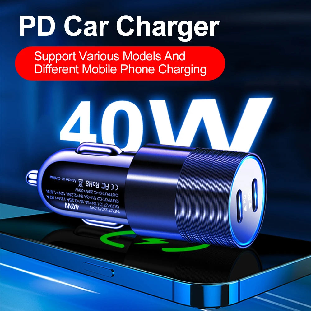 40W USB-C PD Car Charger – Dual Fast Charging Adapter