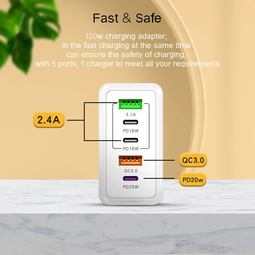 5-Port USB Charging Hub – USB-C & USB-A Fast Charger