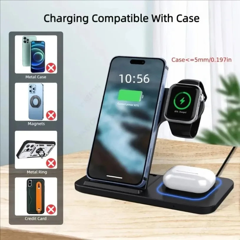 Foldable 3-in-1 Wireless Charging Station for iPhone, Apple Watch & AirPods